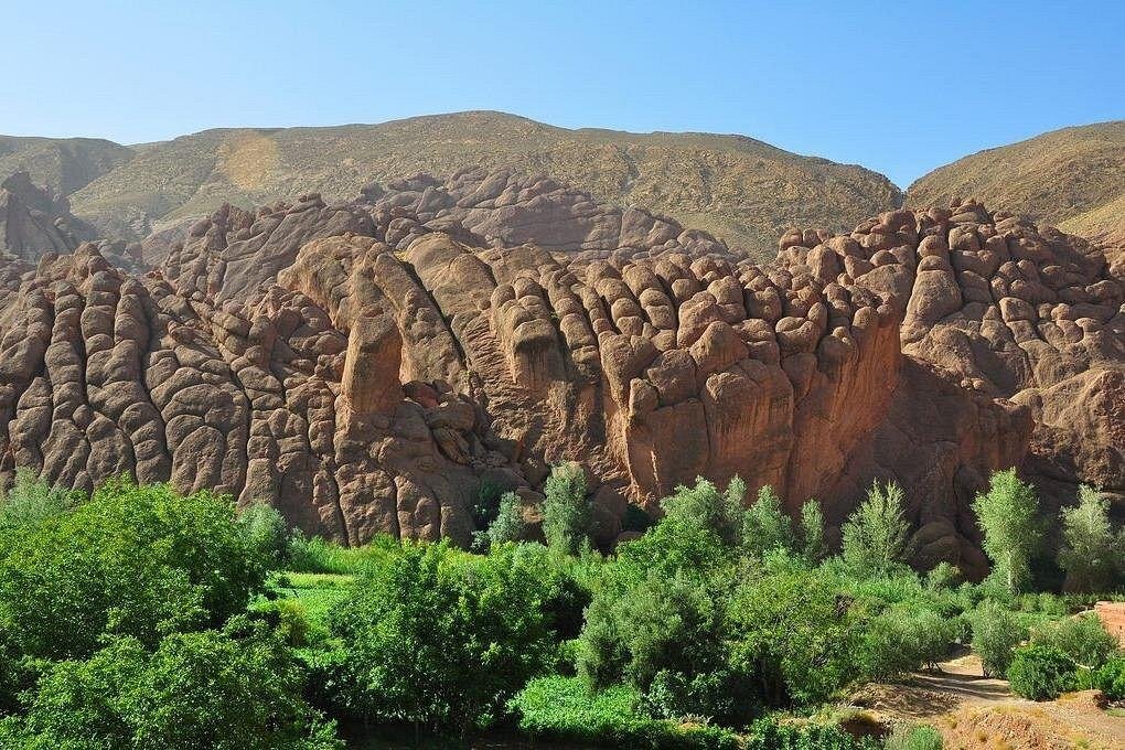 Rock formations and green gardens in the Dades gorges, southern Morocco