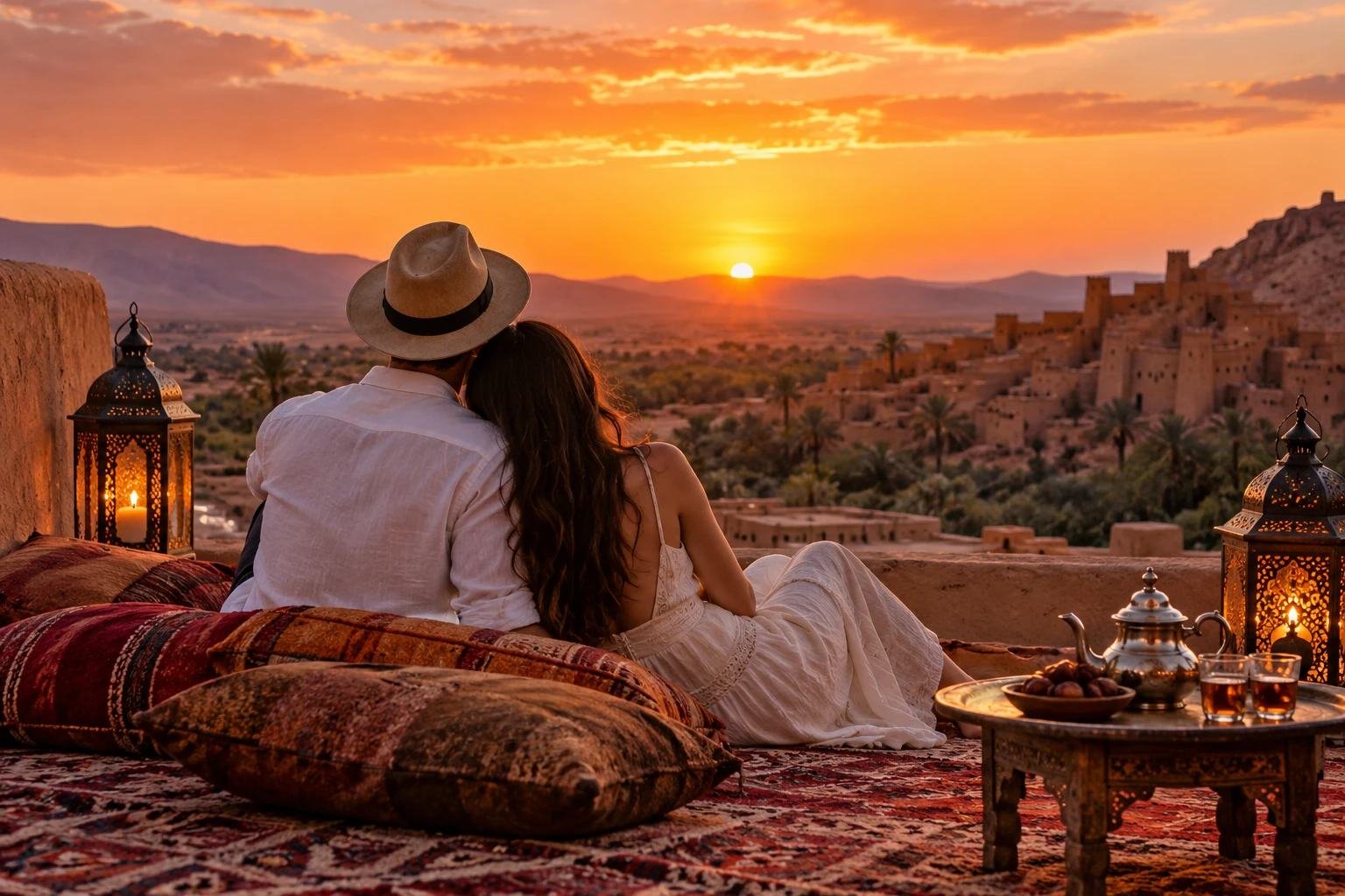 A couple on a Morocco luxury tour watching the sunset over a kasbah and palm grove